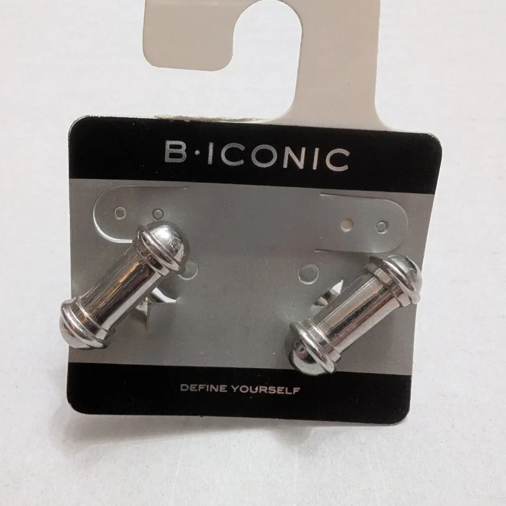 B Iconic cuff links silver tone metal barbells‎ org packaging 1 inch vintage